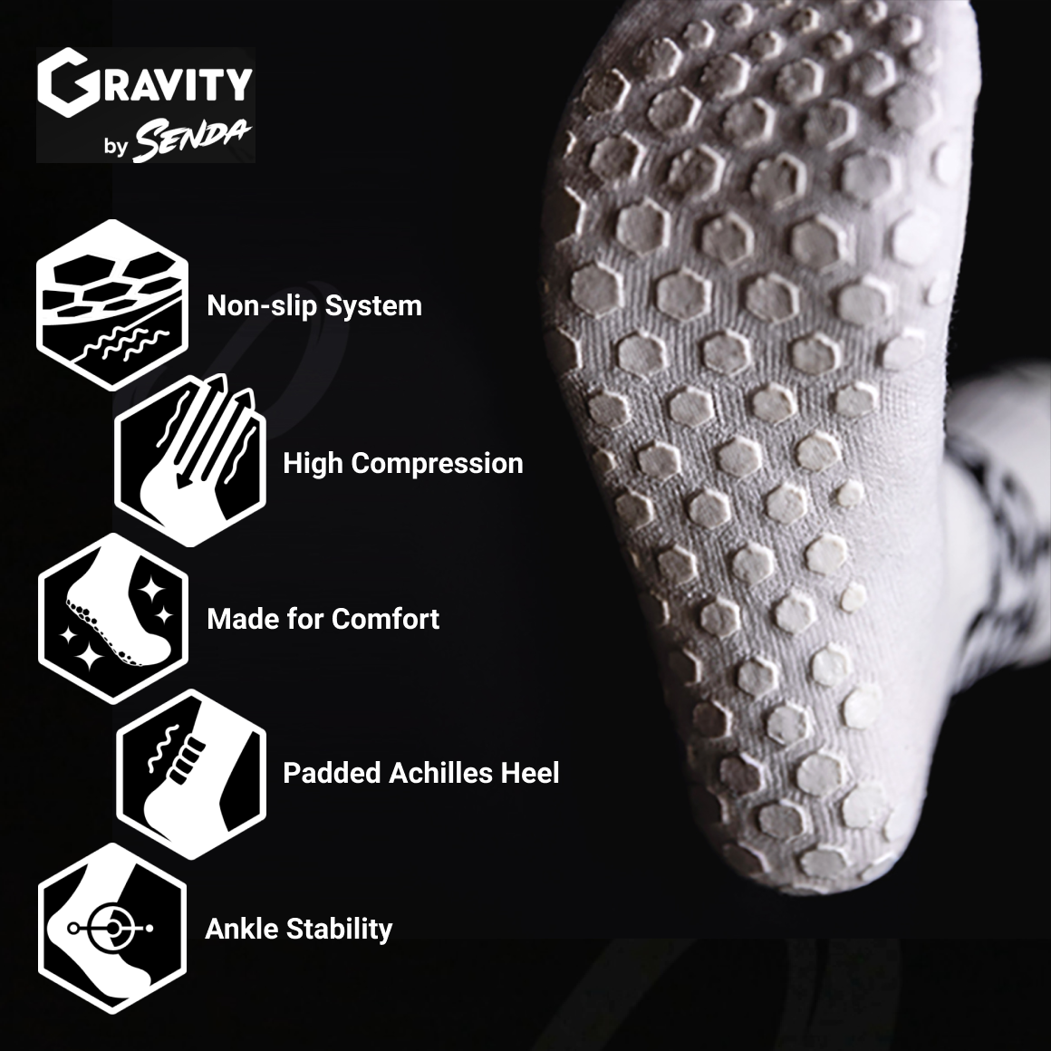 Senda Athletics Gravity Performance Grip Socks - Crew Length - Black